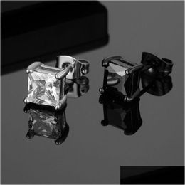 Stud Rock Square 4 Prong Black White Zirconia Earrings For Men Stainless Steel Iced Out Hip Hop Jewellery Drop Delivery Dhwbg