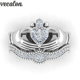 Wedding Rings Vecalon Luxury Lovers Claddagh Ring 1ct 5A Zircon Cz White Gold Filled Engagement Band Set For Women Men216H