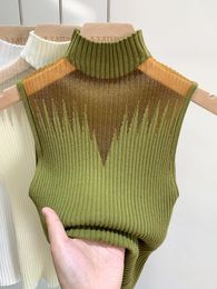 Women's Knits Tees Halter Neck Knitwear Women's Sleeveless T-Shirt Elastic Mesh See-Through Sexy Vest Sweater Tops Korean Fashion Y2k Tees Clothing 231027