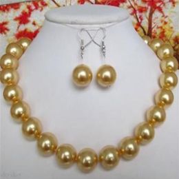 10mm Natural Yellow Round South Sea Shell Pearl Necklace 18'' Earrings Set2459