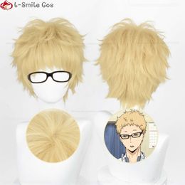 Catsuit Costumes Anime Haikyuu Kei Tsukishima Cosplay 26cm Short Light Golden Heat Resistant Synthetic Hair Party Haikyu Wigs + Wig Cap