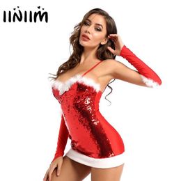 Casual Dresses Red Womens Ladies Christmas Fancy Santa Dress Masquerade Sexy Parties Costume Clubwear Flannel With Scale Sequins309Z