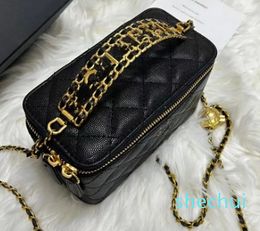 New style Golden Globe Long Box Caviar Makeup Bag Metal Handle Oblique Straddle Portable Fashion Shoulder Bag Chain Bag match gift box and paper card