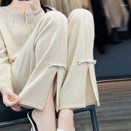 Women's Pants Cashmere Knitted Wide-leg In Autumn And Winter Mid-line High Waist Straight With Thin Wool Outside.