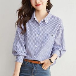 Women's Blouses White Cotton Top Women 2023 Autumn Fashion Lapel Long Sleeve Blue Striped Button Up Shirt Ladies Casual Loose Office Work