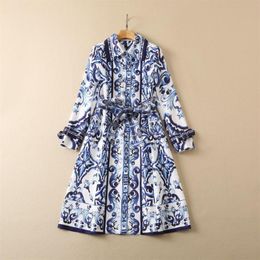 2023 Autumn Lapel Neck Paisley Print Belted Trench Coat Blue and White Porcelain Long Sleeve Buttons Single-Breasted Long Outwear 296I