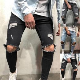 Men's Jeans 2022 Autumn Fashion Street Style Men Tight Leg Ragged Slim Pants Streetwear Hipster Mid Waist Ripped Holes Denim 257P