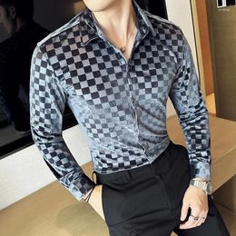 Men's Dress Shirts Men Clothing Spring High Quality Canary Velvet Long Sleeve Shirts/Male Slim Fit Plaid Luxury Office Plus Size 4XL-M