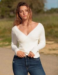 Women's Sweaters New Spring Summer Women Rib-Knit Stretchable Sexy V Neck Asymmetrical Hem Sweater Pull Femme Knitted Pullovers Y2k Jersey Tops T231027