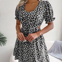 Casual Dresses Hollowed Out Ladies Beach Mini Dress Crew Neck Female Short Floral Lace Up Women Daily Wear Summer Clothes