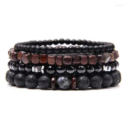 Link Bracelets Vintage Men's Four Layer Bracelet Natural Stone White Garnet Black Lava Beaded Leather Wristband Gift