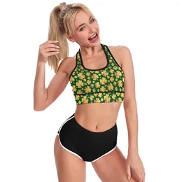 Yoga Outfit St Patricks Day Sport Bra U Neck Gold Foil Shamrocks Sexy Summer Raceback Crop Bras Push Up Dance Top For Girls