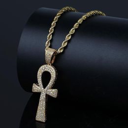 Hip Hop Silver Gold Color Jesus Egyptian Ankh Key Cross Pendant Necklaces Cubic Zirconia Long Chains for Male and Women292o