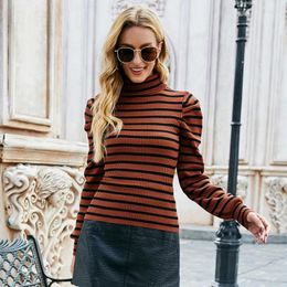 Women's Sweaters Autumn Puff Sleeves Knitted Pullovers Sweater Turtleneck Sexy Crop Tops Lady Striped Jumpers Tees