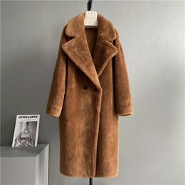 Women's Fur Faux Fur Women Long Cashmere Coat Wool Woven Fabric Thick Warm Outerwear Oversize Fashion Streetwear Teddy Bear Winter Jacket 231026