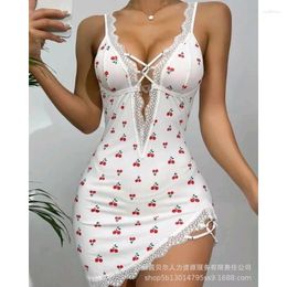 Casual Dresses 2023 Summer Home Nightdress Sexy Slim Lace Stitching Printed Dress Women Spaghetti Strap Sleeveless V-neck Backless