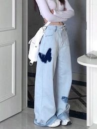 Women's Jeans HOUZHOU Y2K Hippie Blue Baggy Women Kpop Graphic Denim Pants Oversize Harajuku Streetwear Wide Leg Trousers Patchwork