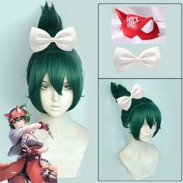 Catsuit Costumes Game OW Cosplay Green Tail Kiriko Bow Hairpin Mask Heat Resistant Hair Wigs Props + Wig Cap