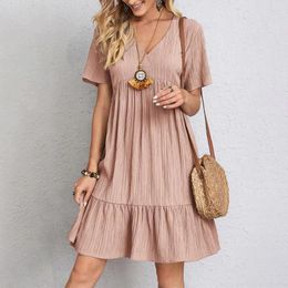 Casual Dresses 2023 Summer Elegant Beach Style Solid Womens Fashin V Neck Short Sleeve Loose Cake Dress Female Clothing
