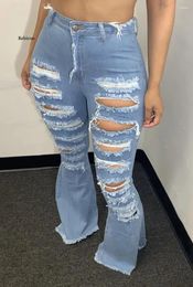 Women's Jeans Autumn Ripped Pants Street Fashion Trend High Waist Hole Retro Tight Stretch Denim Flare