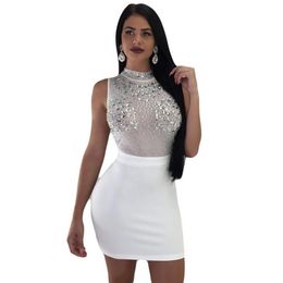 Casual Dresses Sexy Rhinestones Diamonds Sparkly Women Turtleneck Sleeveless Mesh Sheer Elegant Nightclub Party Bodycon Mini Dress248Q