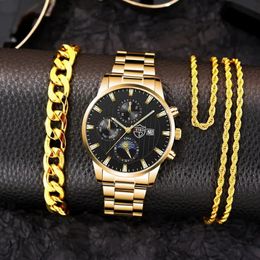 Wristwatches 3PCS Set Fashion Mens Calendar Watches Male Gold Stainless Steel Mesh Belt Quartz Watch Men Necklace Bracelet Wrist 231027
