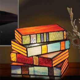 Decorative Objects Figurines Stacked Books Lamp Handcrafted Glass Nightstand Desk Resin Light Stained glass book lamp Reading 231027