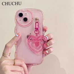 Cell Phone Cases Korean 3D Heart Wave Transparent Silicone Case for iPhone 15 14 12 13 Pro Max 11 X XR 7 8 Plus Cute Keychain Soft Cover 231026