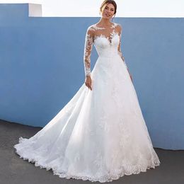 Elegant A-Line Wedding Dresses For Women Long Lace Sleeves With Appliques Bridal Gown Illusion Tulle vestidos de novia