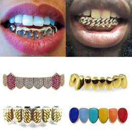 18K Gold Teeth Braces Punk Hip Hop Multicolor Diamond Custom Bottom Teeth Grillz Dental Mouth Fang Grills Tooth Cap Vampire Rapper2787