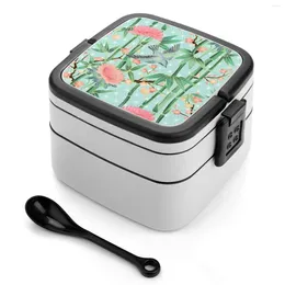 Dinnerware Bamboo Birds And Blossom-Soft Blue Green Double Layer Bento Box Salad Portable Picnic Nature Garden Pattern