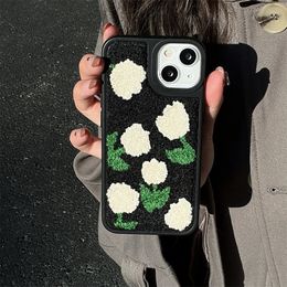 Cell Phone Cases INS Korean Embroidered Towel Tulip Green Leaf Plush Soft Phone Case Suitable for iPhone 15 Pro Max 14 12 Pro 11 13 Protective Back Cover 231026