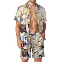 Men's Tracksuits Genshin Impact Men Sets Cute Anime Trendy Casual Shirt Set Short-Sleeved Design Shorts Summer Beachwear Suit Plus Size 2XL