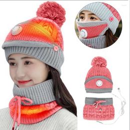 Cycling Caps Women Men USB Heated Hat Scarf 3 Piece Set Winter Balaclava Knitted Beanie Hats Warm Thick Neck Gaiter Cap