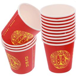 Disposable Cups Straws 100 Pcs Red Double Happiness Glass Banquet Wedding Party Teacups Chinese Toast Paper Beverage Glasses