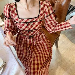 Casual Dresses TEROKINIZO French Style Vintage Dress Women Square Collar Long Sleeve Slim Waist Female A-line Big Swing Robe Femme