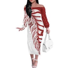 Casual Dresses Factory Personality Red-black Party Off Shoulder Dress Custom Polynesian Tribal Tattoo Pattern Large Size 4XL225T