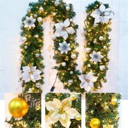 Decorative Flowers 2.7M Christmas LED Rattan Garland Green Artificial Xmas Tree Banner Decoration Glow Wreath