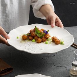 Plates Chinese Style Embossed White Lotus Western Plate El Restaurant Ceramic Tableware Creative Cooking Household