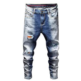 Men's Jeans Men Ripped Skinny Pencil Pants Motorcycle Trousers Streetwear Patchwork Gradient Colour Slim Fit Denim Man Clothin313A