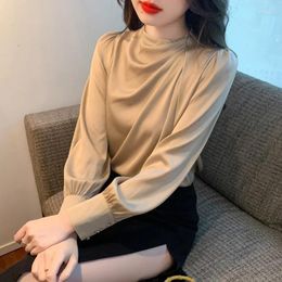 Women's Blouses Autumn Winter Satin Long-sleeved Temperament Round Neck Balloon Sleeves Solid Color Fashion Shirt Blusas Femininas 114B