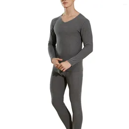 Men's Thermal Underwear Autumn Winter Fleece Lined Tops Pants Set Fashion V-Neck Solid Color Long Johns Top Bottoms