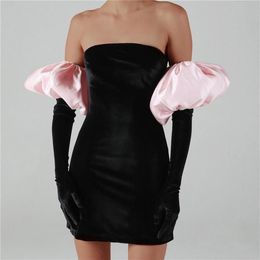 Casual Dresses Winter 2022 Sexy Bodycon Women Mini Dress Gloves Fall Party Backless High Waist Long Puff Sleeve Black Strapless Fe259o