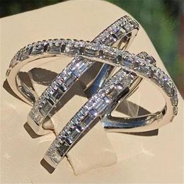 Vecalon Original 925 Sterling Silver Cross Line Ring T shape Diamond cz Engagement Wedding Band Rings for women Bridal Fine Party 309Q