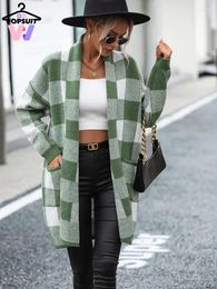 Women's Knits In Women Sweaters Fashion Elegant Loose Plaid Matching Colour Big Patchwork Pocket Knit Office Lady Long Open-front Cardigans