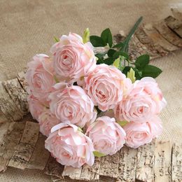 Decorative Flowers Pink Silk Rose Artificial Flower Wedding Party Decoration 10 Heads Faux Bouquet Fake Home Decor White