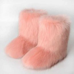 Womens Snow Boots Winter Faux Fox Fur Girls' Luxury Furry Bottes Female 3cm Flats Sole Warm Fluffy Shoes 230922