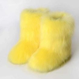 Womens Snow Boots Winter Faux Fox Fur Girls Luxury Furry Bottes Female 3cm Flats Sole Warm Fluffy Shoes 230922