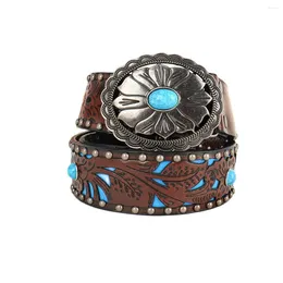 Belts PU Leather Women's Belt Bohemian Turquoise Drill Button Hollow Embossed Perforated Adjustable Jeans Women 112CM