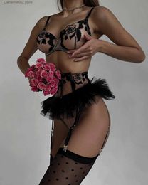 Sexy Set ECTOOKOI Fancy Lingerie Floral Lace Bra Ruffle Garter Luxury Erotic Outfit Sexy Crotchless Panties Sensual Underwear 4-Piece T231027